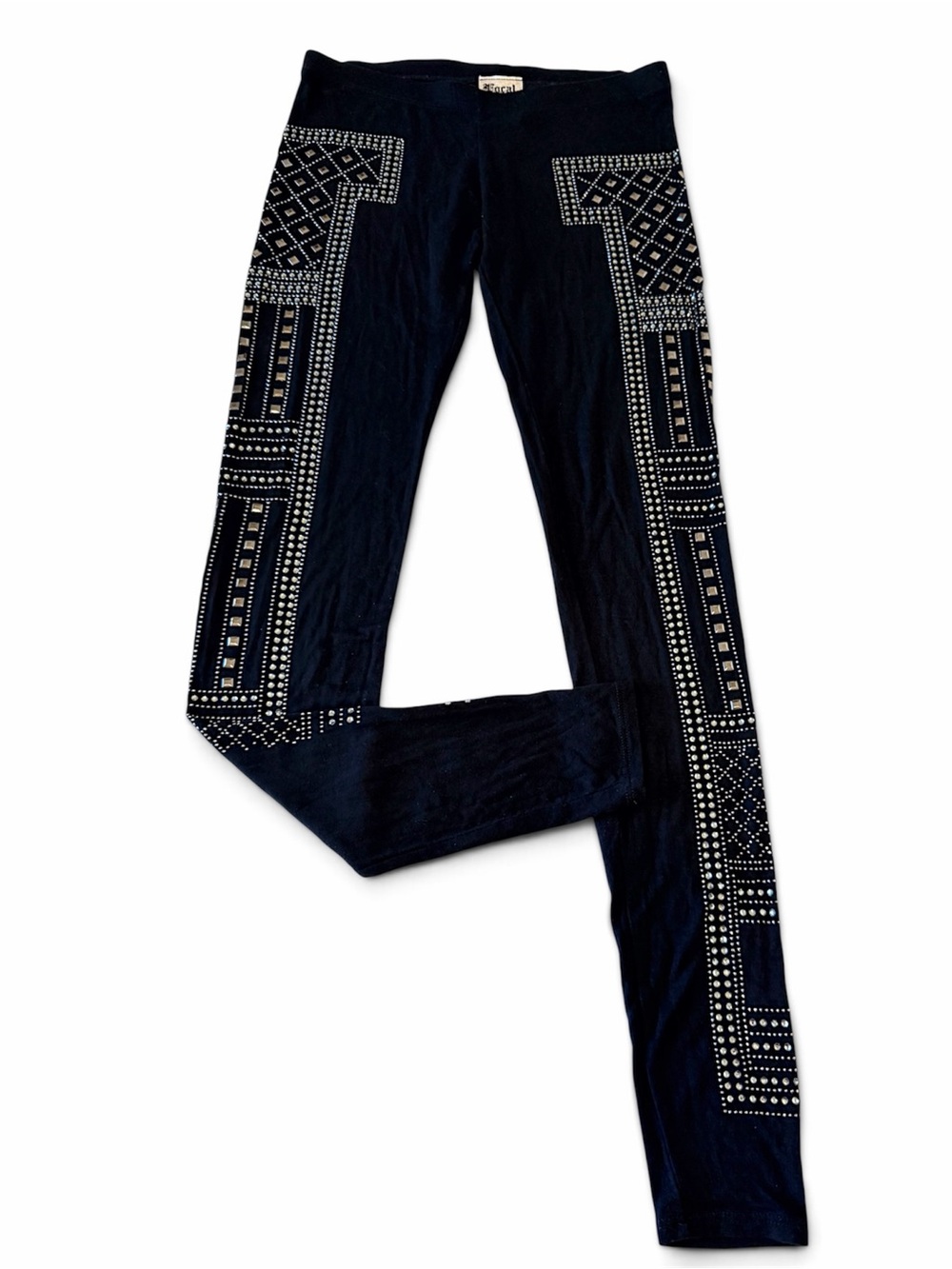 Vocal bejeweled leggings, rhinestones and studded, black and silver, size S